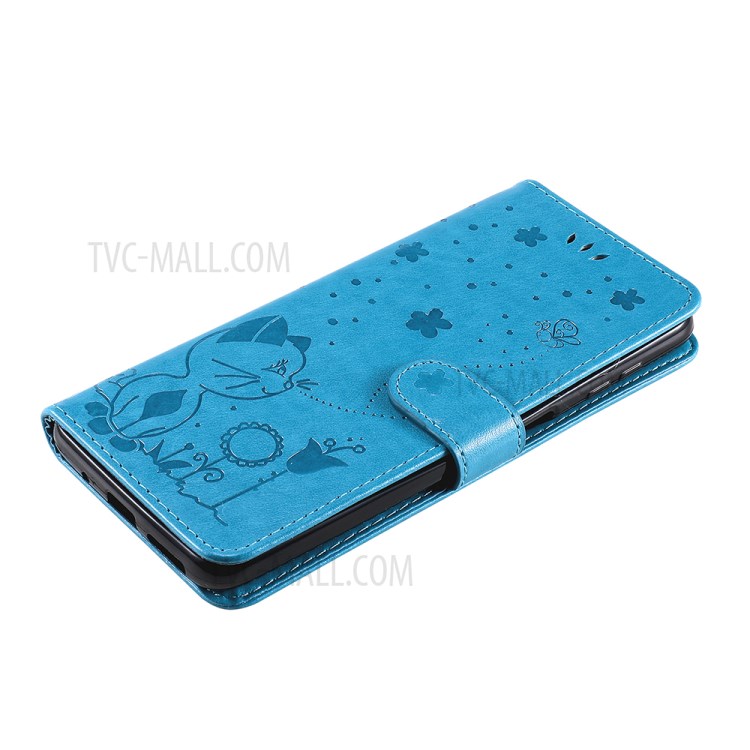 Cat and Bee Pattern Imprinting Folio Flip Wallet Leather Case with Stand for Motorola Moto G Power (2021) - Blue-9