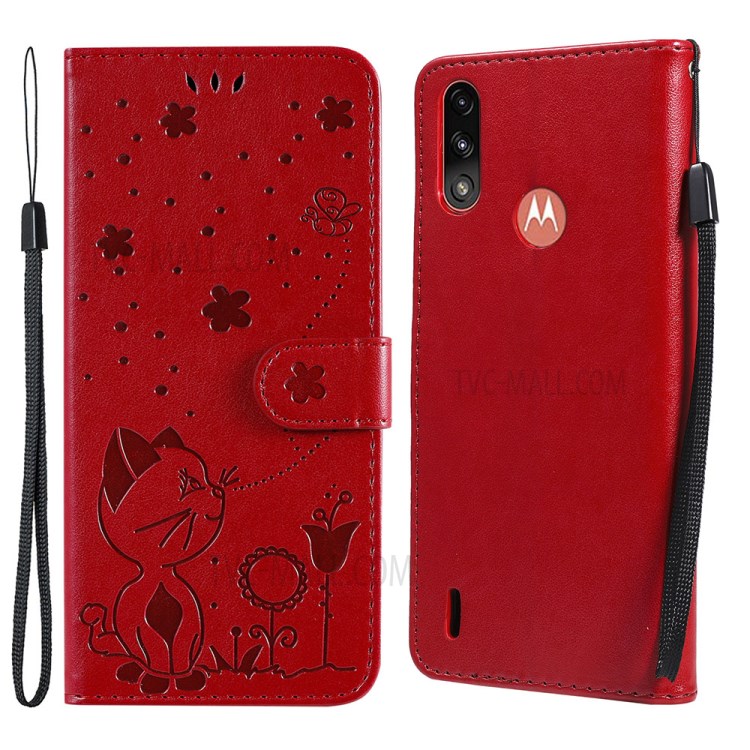 Cat and Bee Pattern Imprinting Folio Flip Wallet Stand Leather Case for Motorola Moto E7 Power - Red-1
