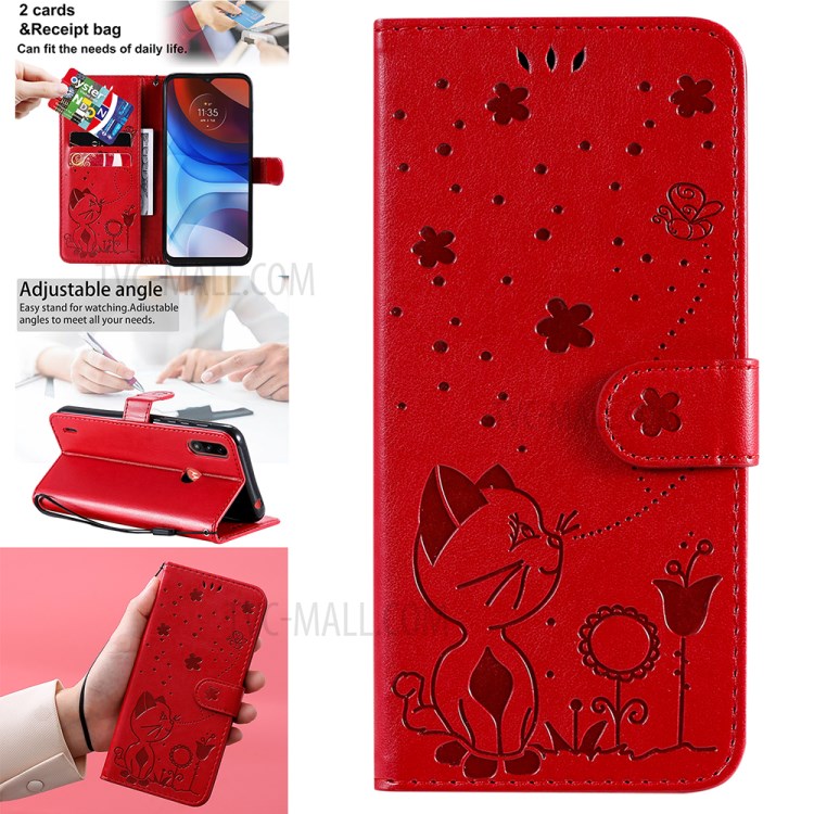 Cat and Bee Pattern Imprinting Folio Flip Wallet Stand Leather Case for Motorola Moto E7 Power - Red-14