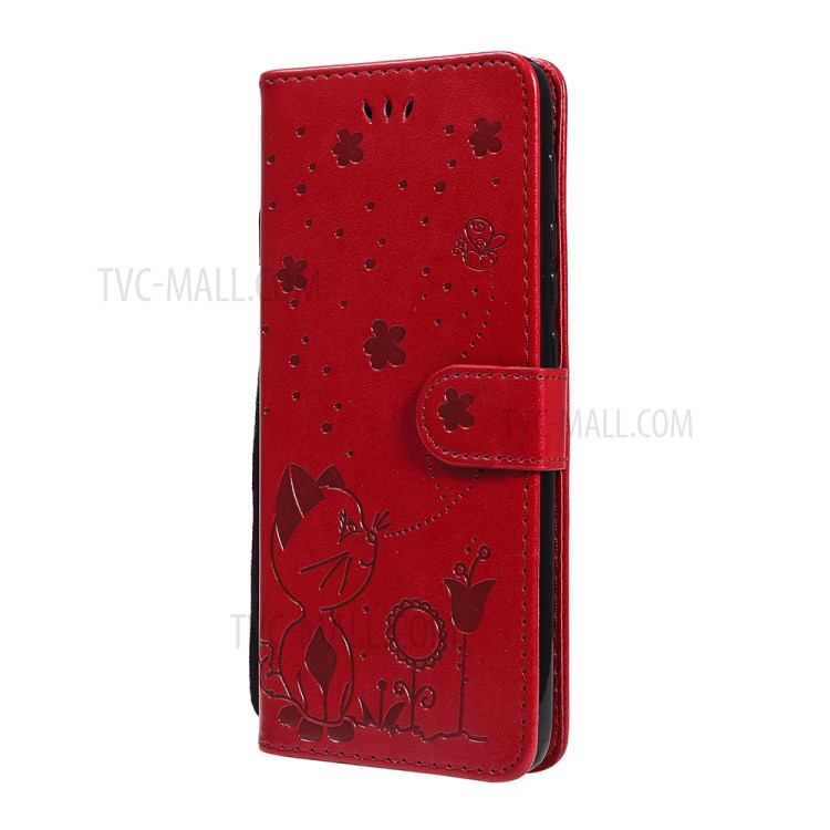 Cat and Bee Pattern Imprinting Folio Flip Wallet Stand Leather Case for Motorola Moto E7 Power - Red-2
