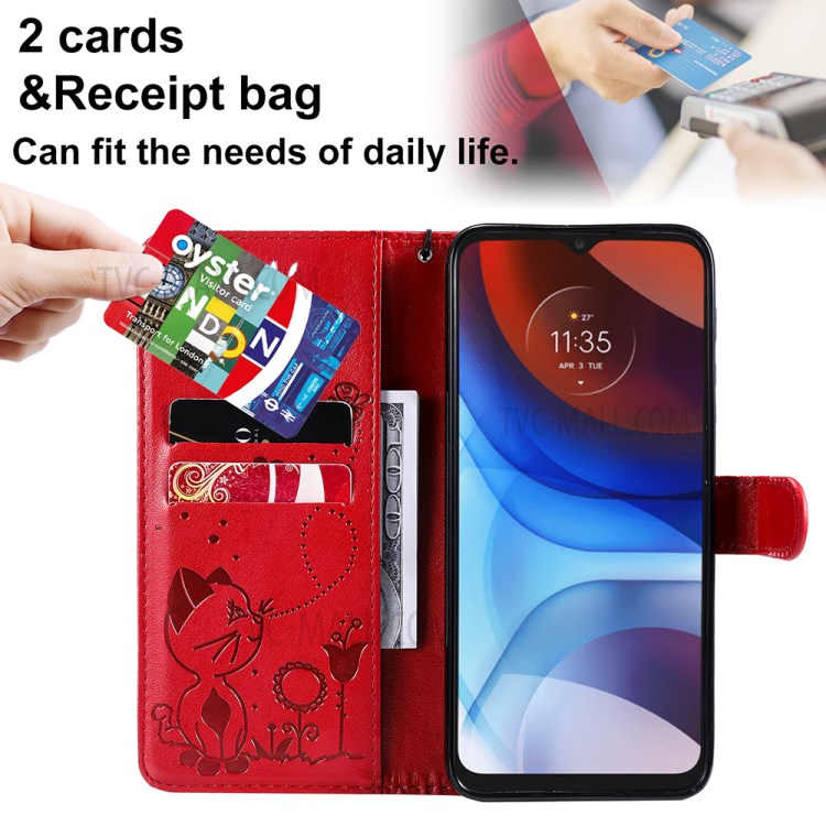 Cat and Bee Pattern Imprinting Folio Flip Wallet Stand Leather Case for Motorola Moto E7 Power - Red-4