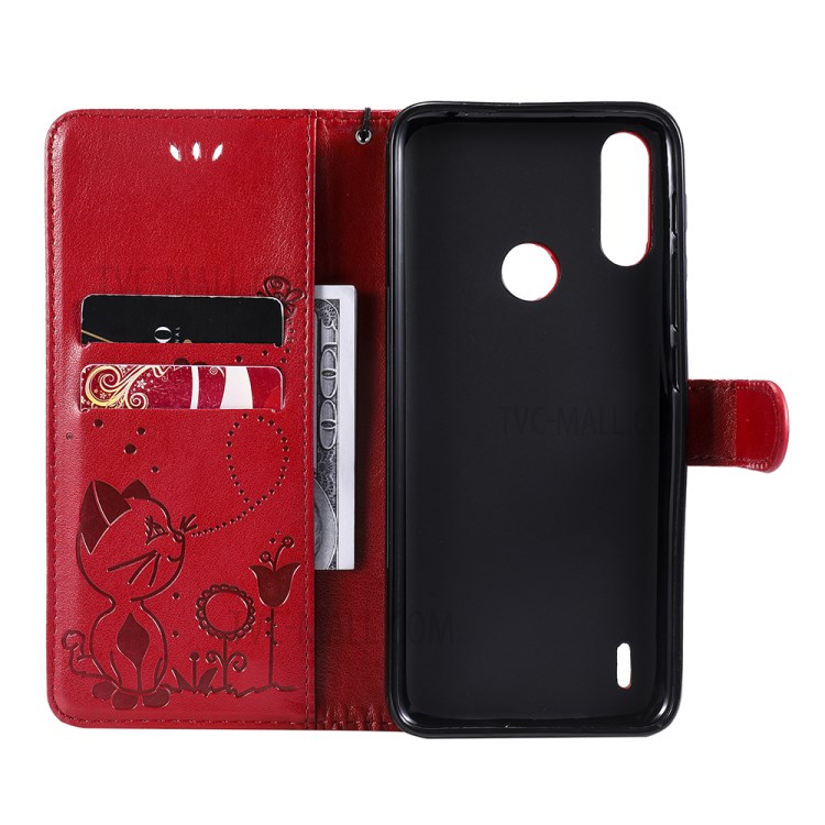 Cat and Bee Pattern Imprinting Folio Flip Wallet Stand Leather Case for Motorola Moto E7 Power - Red-6