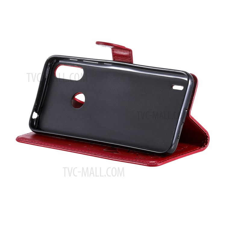 Cat and Bee Pattern Imprinting Folio Flip Wallet Stand Leather Case for Motorola Moto E7 Power - Red-8