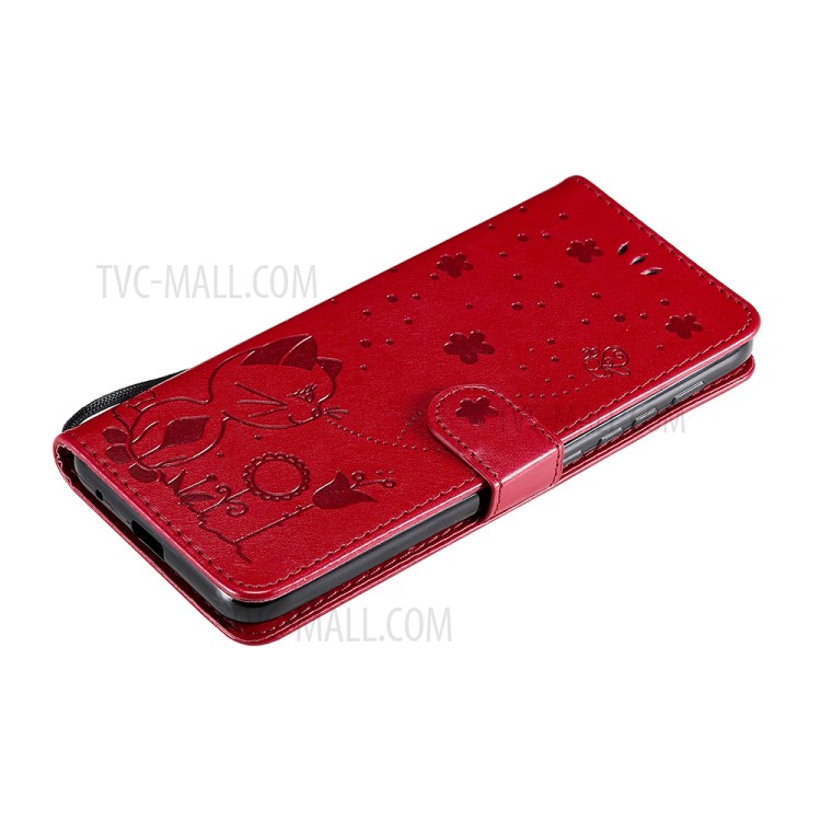 Cat and Bee Pattern Imprinting Folio Flip Wallet Stand Leather Case for Motorola Moto E7 Power - Red-9