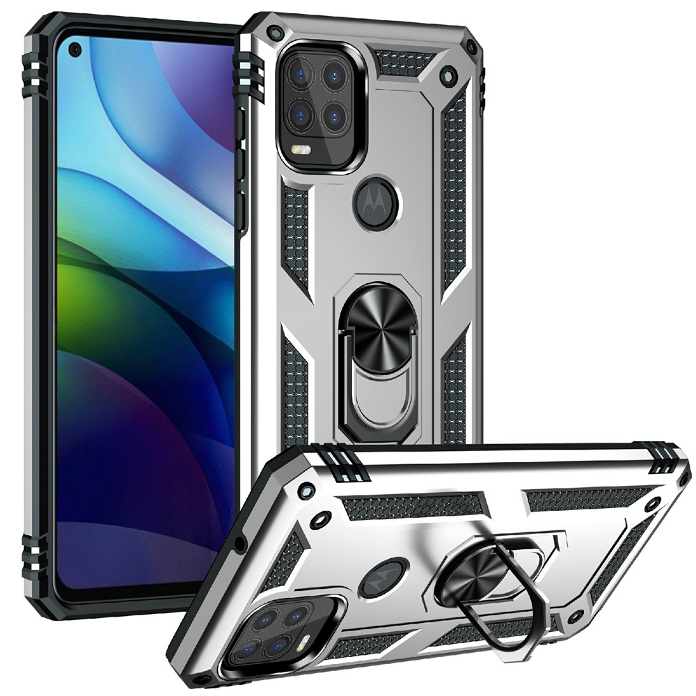 Rotationsfingerhalter Kickstand Design PC + TPU Hybrid Case Telefon Schutzhülle Für Motorola Moto G Stylus 5g (2021) - Silber--1