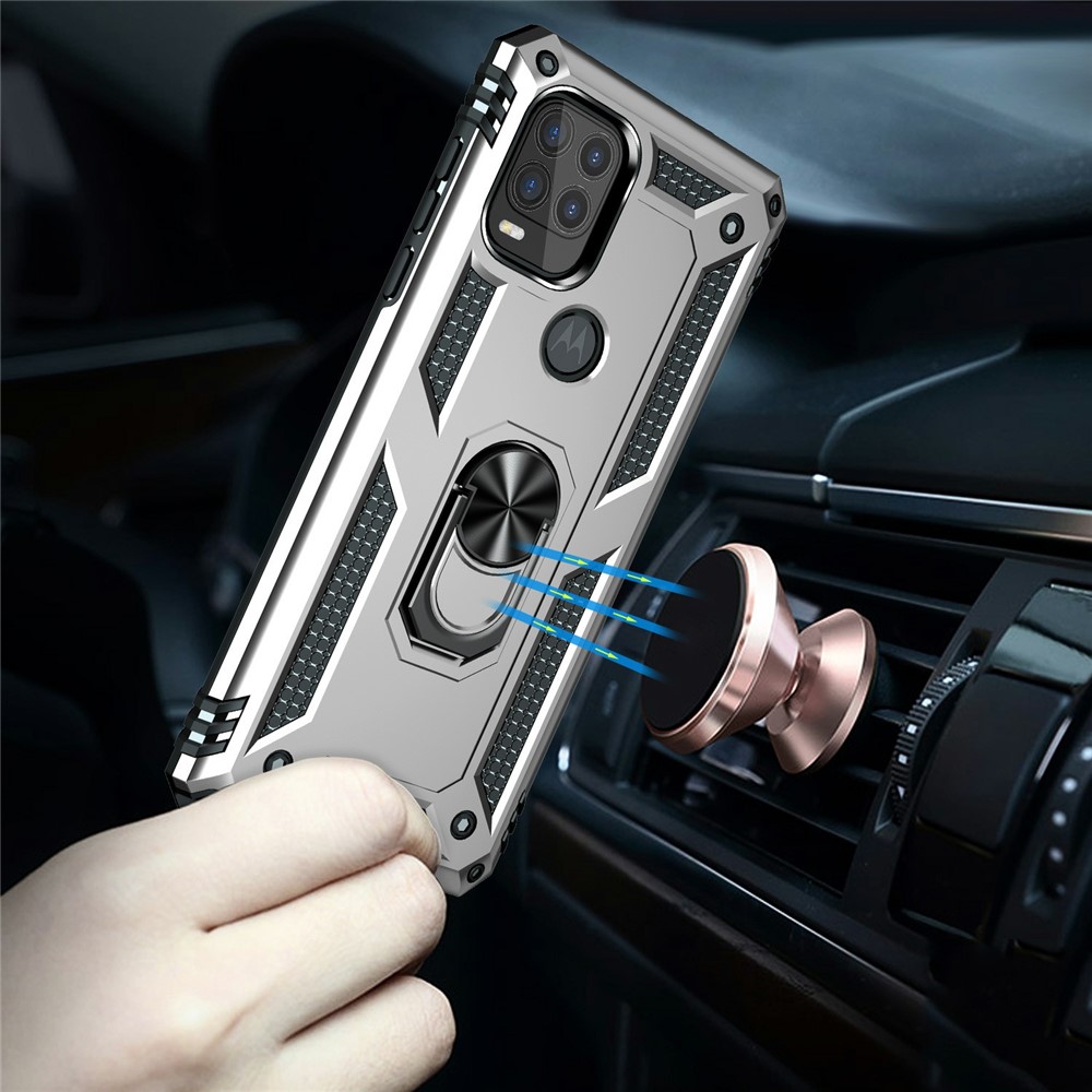 Rotationsfingerhalter Kickstand Design PC + TPU Hybrid Case Telefon Schutzhülle Für Motorola Moto G Stylus 5g (2021) - Silber--4