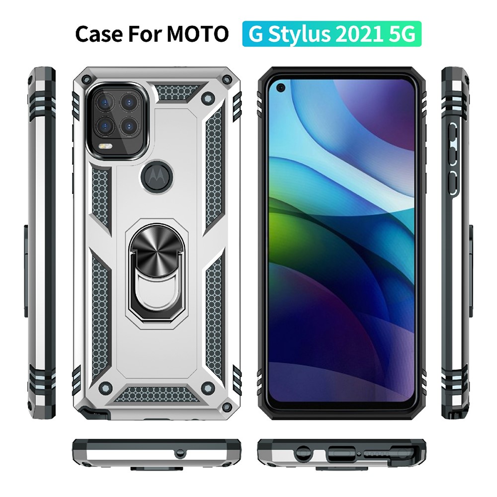 Rotationsfingerhalter Kickstand Design PC + TPU Hybrid Case Telefon Schutzhülle Für Motorola Moto G Stylus 5g (2021) - Silber--7