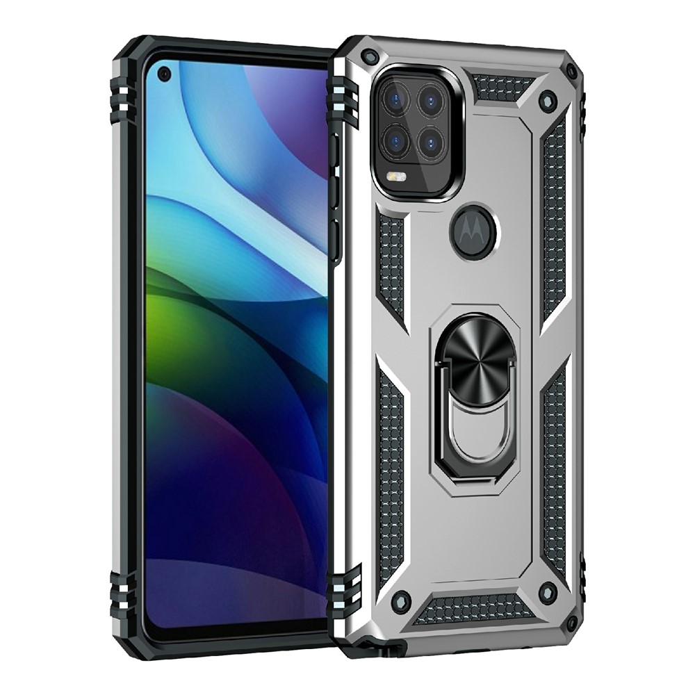 Rotationsfingerhalter Kickstand Design PC + TPU Hybrid Case Telefon Schutzhülle Für Motorola Moto G Stylus 5g (2021) - Silber--8