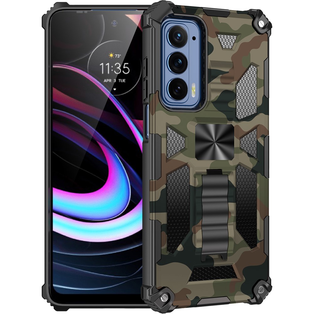 Anti-drop Built-in Kickstand Camouflage Design Protective Phone Back Shell for Motorola Edge (2021) - Army Green-1