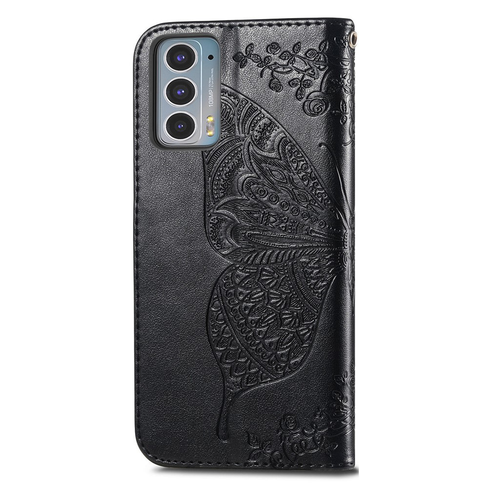 Imprinting Butterfly Flower Wallet Stand PU Leather Phone Case Cover for Motorola Edge 20 - Black-3
