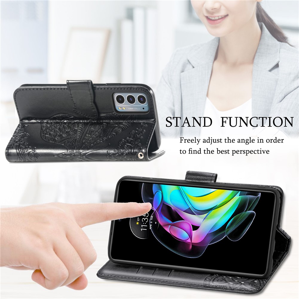 Imprinting Butterfly Flower Wallet Stand PU Leather Phone Case Cover for Motorola Edge 20 - Black-6