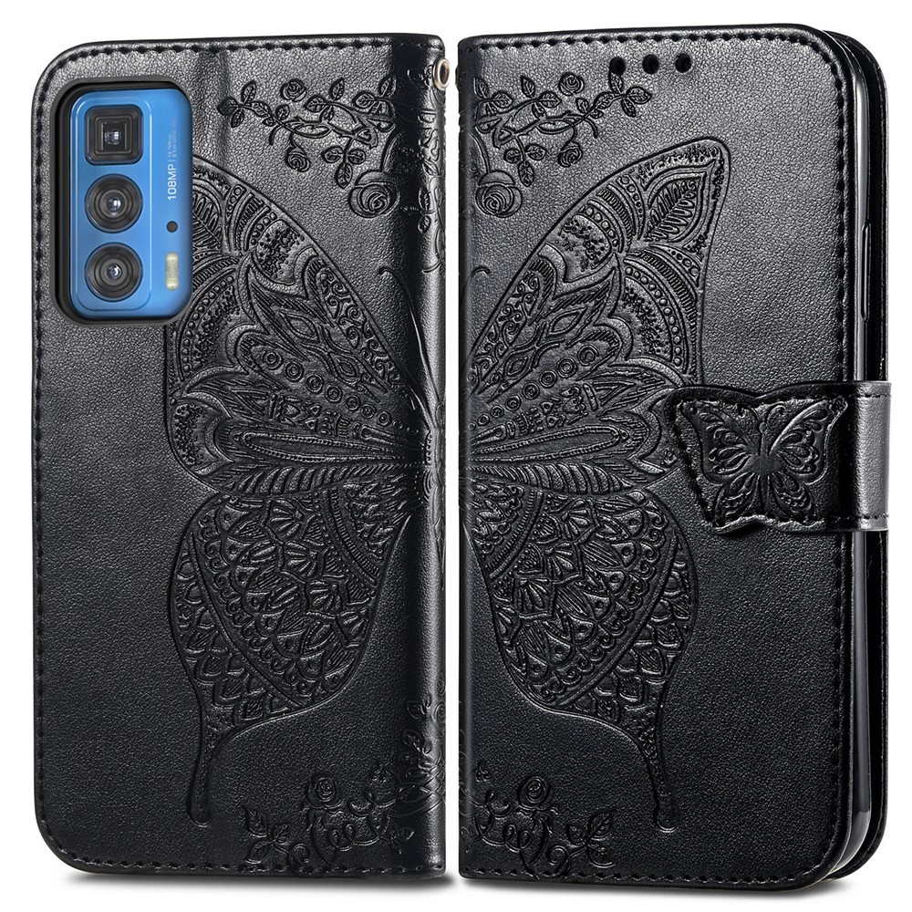 Butterfly Flower Imprinted Phone Wallet Stand Case Leather Cover with Strap for Motorola Edge 20 Pro - Black-1