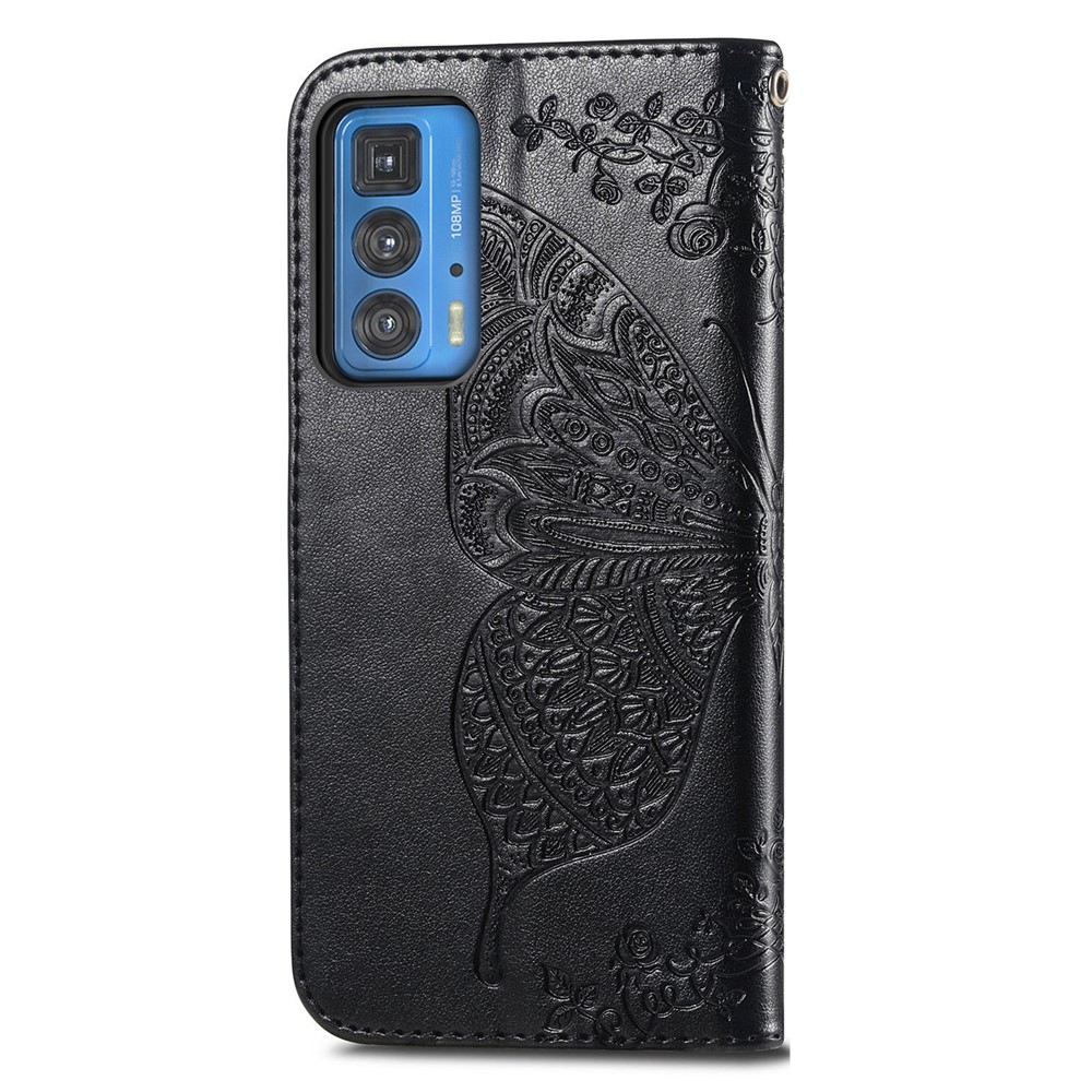 Butterfly Flower Imprinted Phone Wallet Stand Case Leather Cover with Strap for Motorola Edge 20 Pro - Black-3