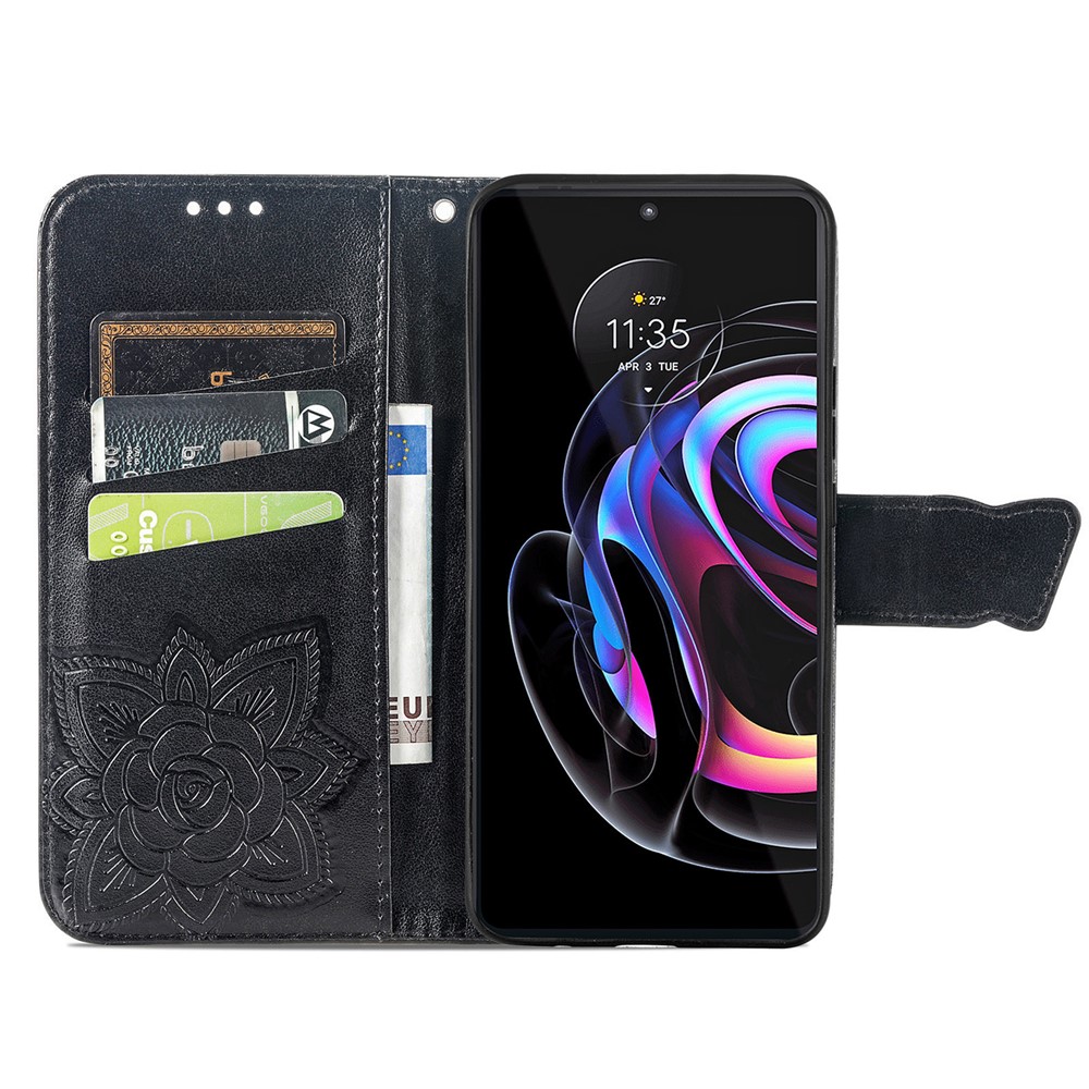 Butterfly Flower Imprinted Phone Wallet Stand Case Leather Cover with Strap for Motorola Edge 20 Pro - Black-4