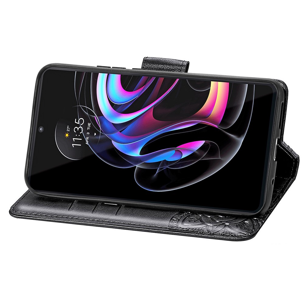 Butterfly Flower Imprinted Phone Wallet Stand Case Leather Cover with Strap for Motorola Edge 20 Pro - Black-5