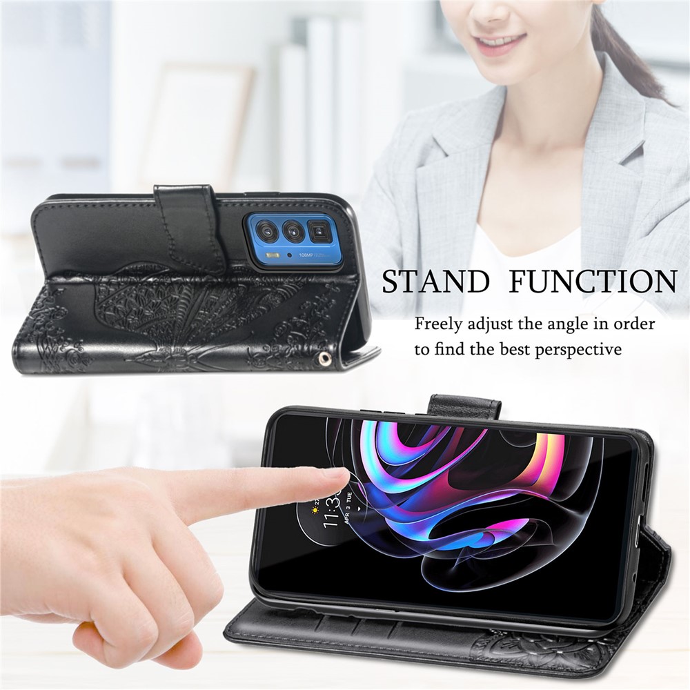 Butterfly Flower Imprinted Phone Wallet Stand Case Leather Cover with Strap for Motorola Edge 20 Pro - Black-6