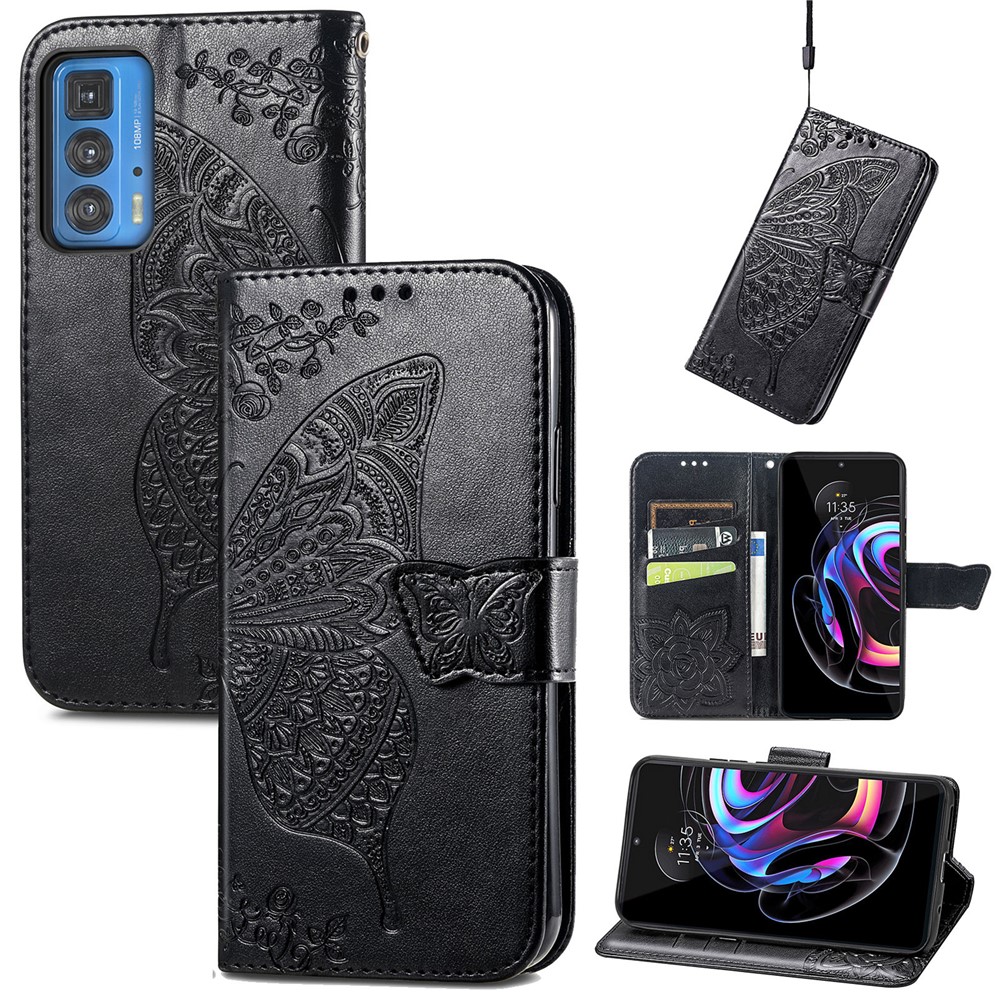 Butterfly Flower Imprinted Phone Wallet Stand Case Leather Cover with Strap for Motorola Edge 20 Pro - Black-7