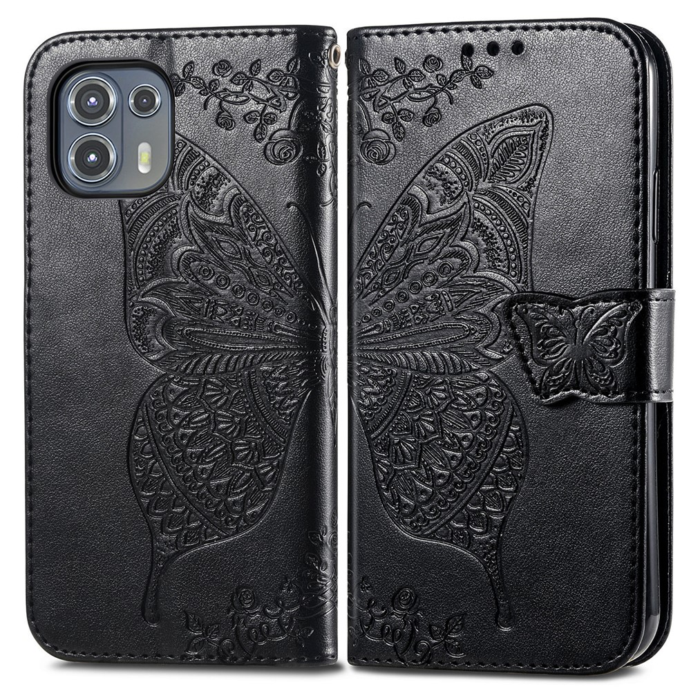 Imprinted Butterfly Flower Pattern Leather Wallet Stand Phone Cover Case for Motorola Edge 20 Lite - Black-1