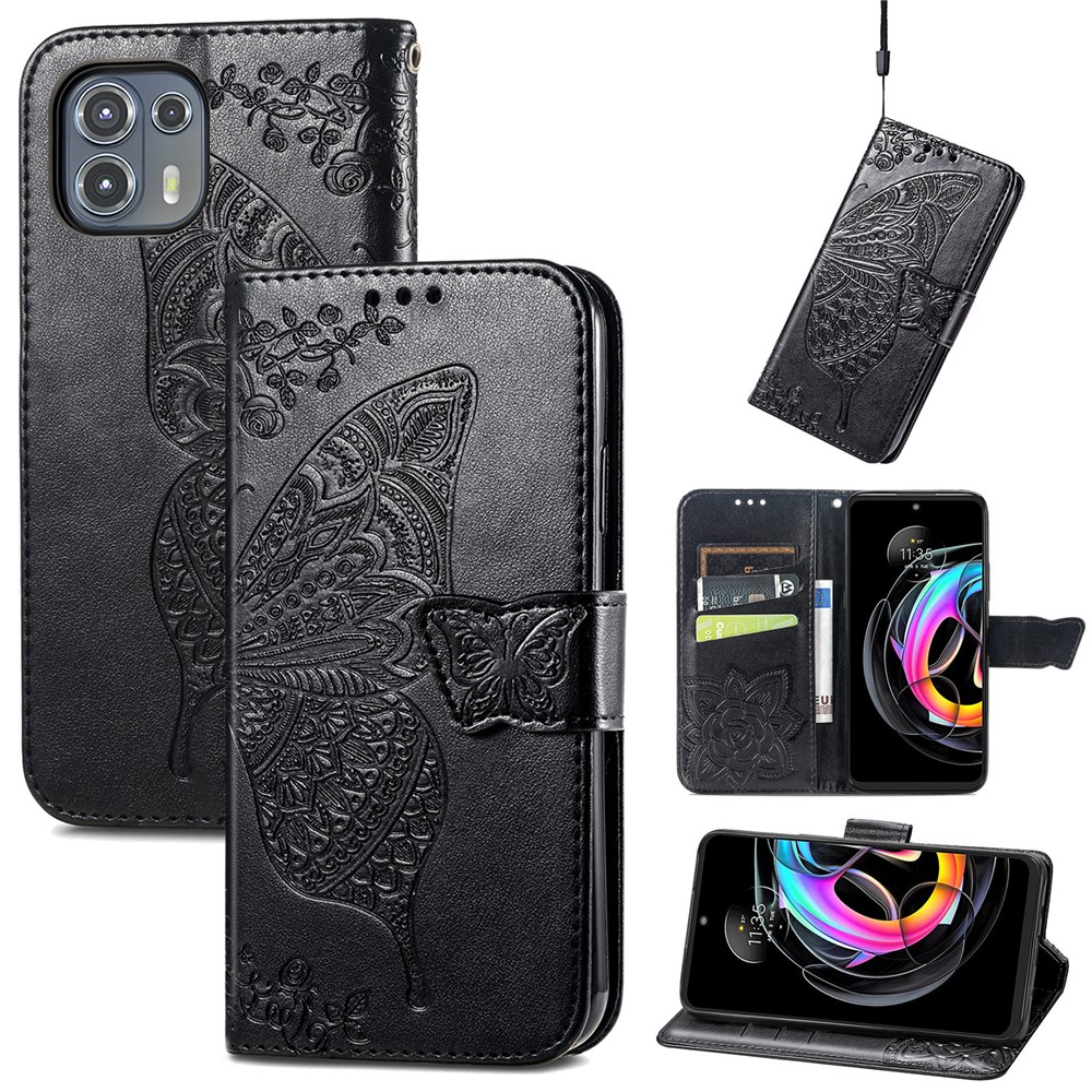 Imprinted Butterfly Flower Pattern Leather Wallet Stand Phone Cover Case for Motorola Edge 20 Lite - Black-7