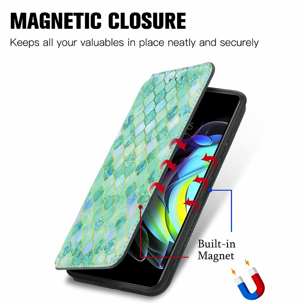 CASENEO 001 Series RFID Blocking Magnetic-Absorbed Pattern Printing Leather Wallet Phone Cover Shell with Adjustable Stand for Motorola Edge 20 - Emerald-10