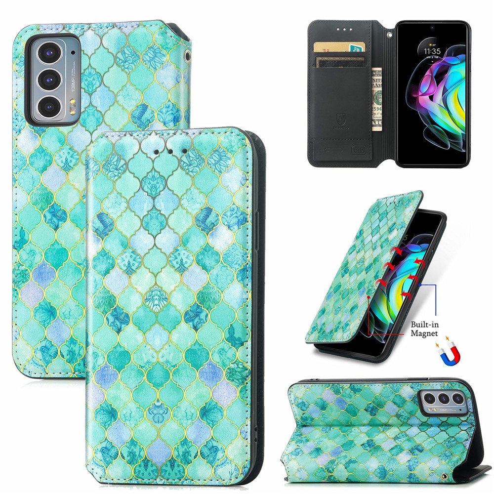 CASENEO 001 Series RFID Blocking Magnetic-Absorbed Pattern Printing Leather Wallet Phone Cover Shell with Adjustable Stand for Motorola Edge 20 - Emerald-11