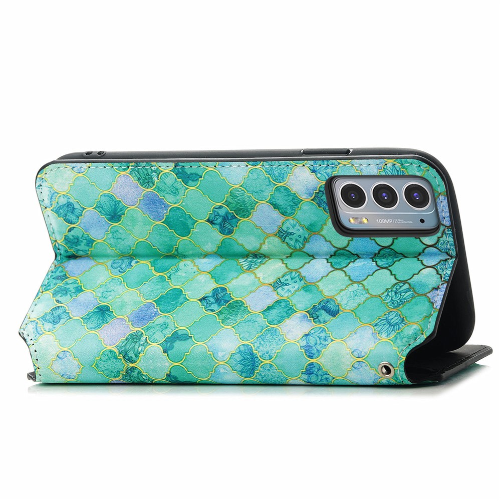 CASENEO 001 Series RFID Blocking Magnetic-Absorbed Pattern Printing Leather Wallet Phone Cover Shell with Adjustable Stand for Motorola Edge 20 - Emerald-4