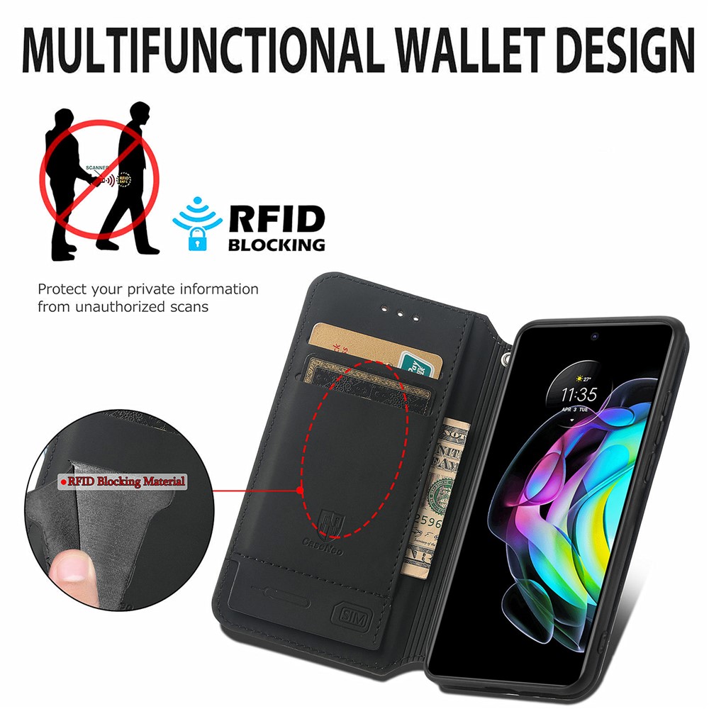 CASENEO 001 Series RFID Blocking Magnetic-Absorbed Pattern Printing Leather Wallet Phone Cover Shell with Adjustable Stand for Motorola Edge 20 - Emerald-9