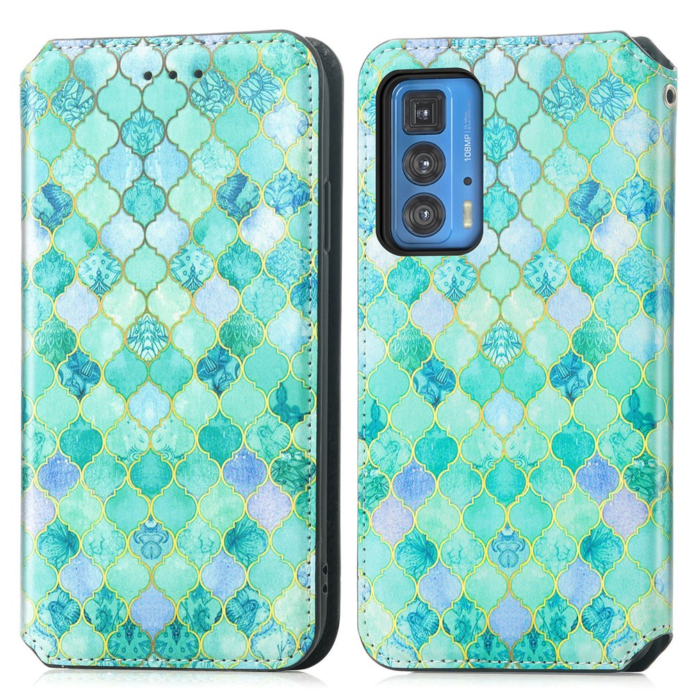 CASENEO 001 Series Full-Protective Adjustable Stand RFID Blocking Function Pattern Printing Leather Wallet Phone Cover Shell for Motorola Edge 20 Pro - Emerald-1