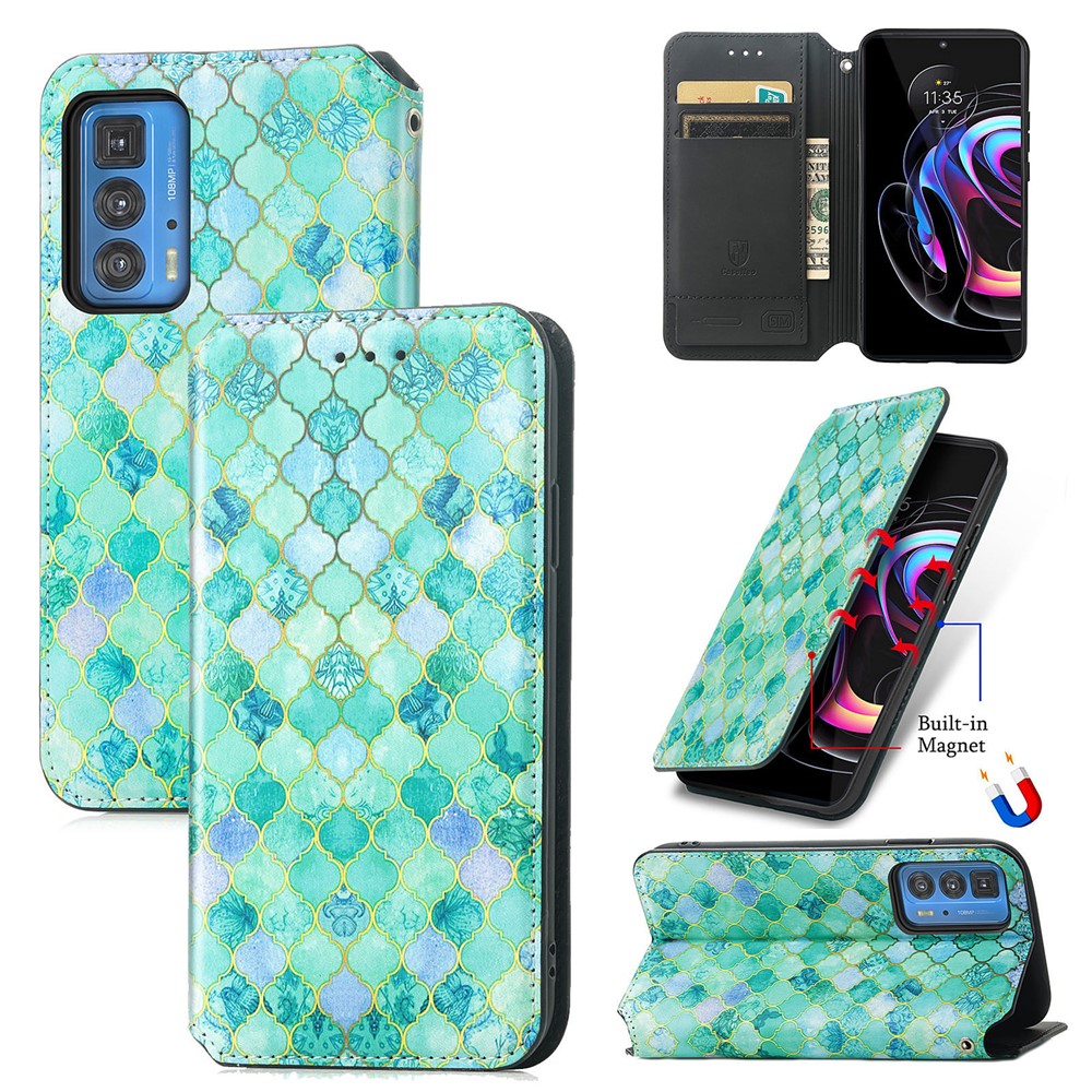 CASENEO 001 Series Full-Protective Adjustable Stand RFID Blocking Function Pattern Printing Leather Wallet Phone Cover Shell for Motorola Edge 20 Pro - Emerald-11