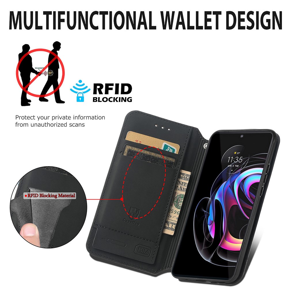 CASENEO 001 Series Full-Protective Adjustable Stand RFID Blocking Function Pattern Printing Leather Wallet Phone Cover Shell for Motorola Edge 20 Pro - Emerald-9