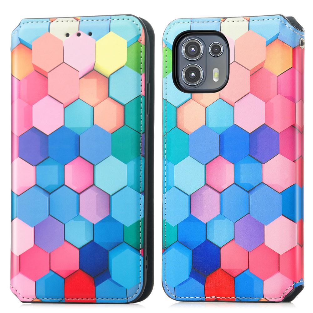 CASENEO 001 Series Foldable Stand Design RFID Blocking Pattern Printing Leather Phone Cover Shell with Wallet for Motorola Edge 20 Lite - Colorful Honeycomb-1