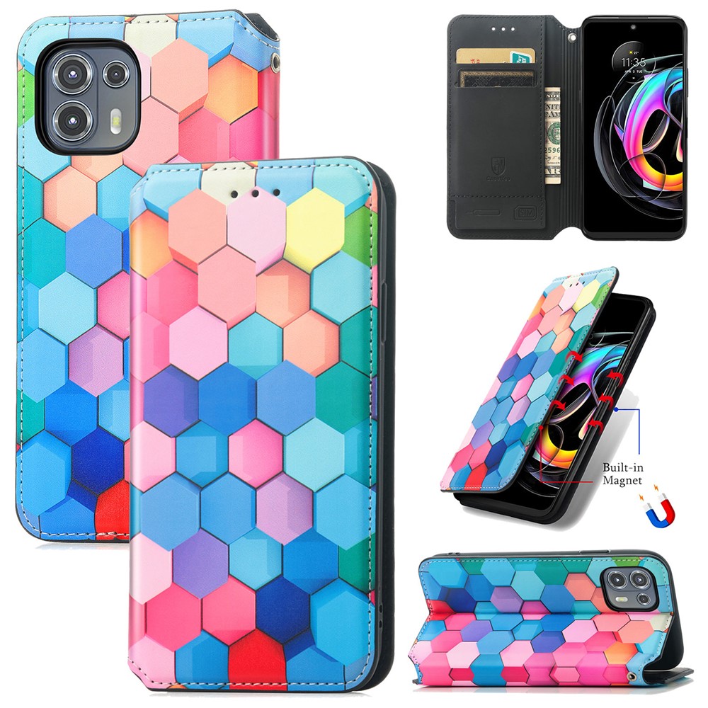 CASENEO 001 Series Foldable Stand Design RFID Blocking Pattern Printing Leather Phone Cover Shell with Wallet for Motorola Edge 20 Lite - Colorful Honeycomb-11