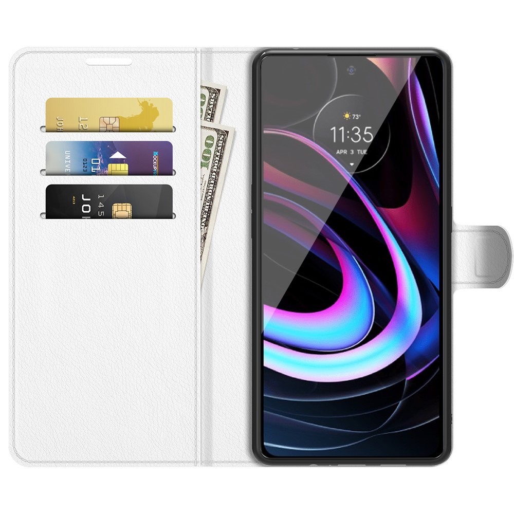 For Motorola Edge (2021) Litchi Skin Phone Case Wallet Stand Design Flip Leather Wallet Phone Cover Shell - White-4