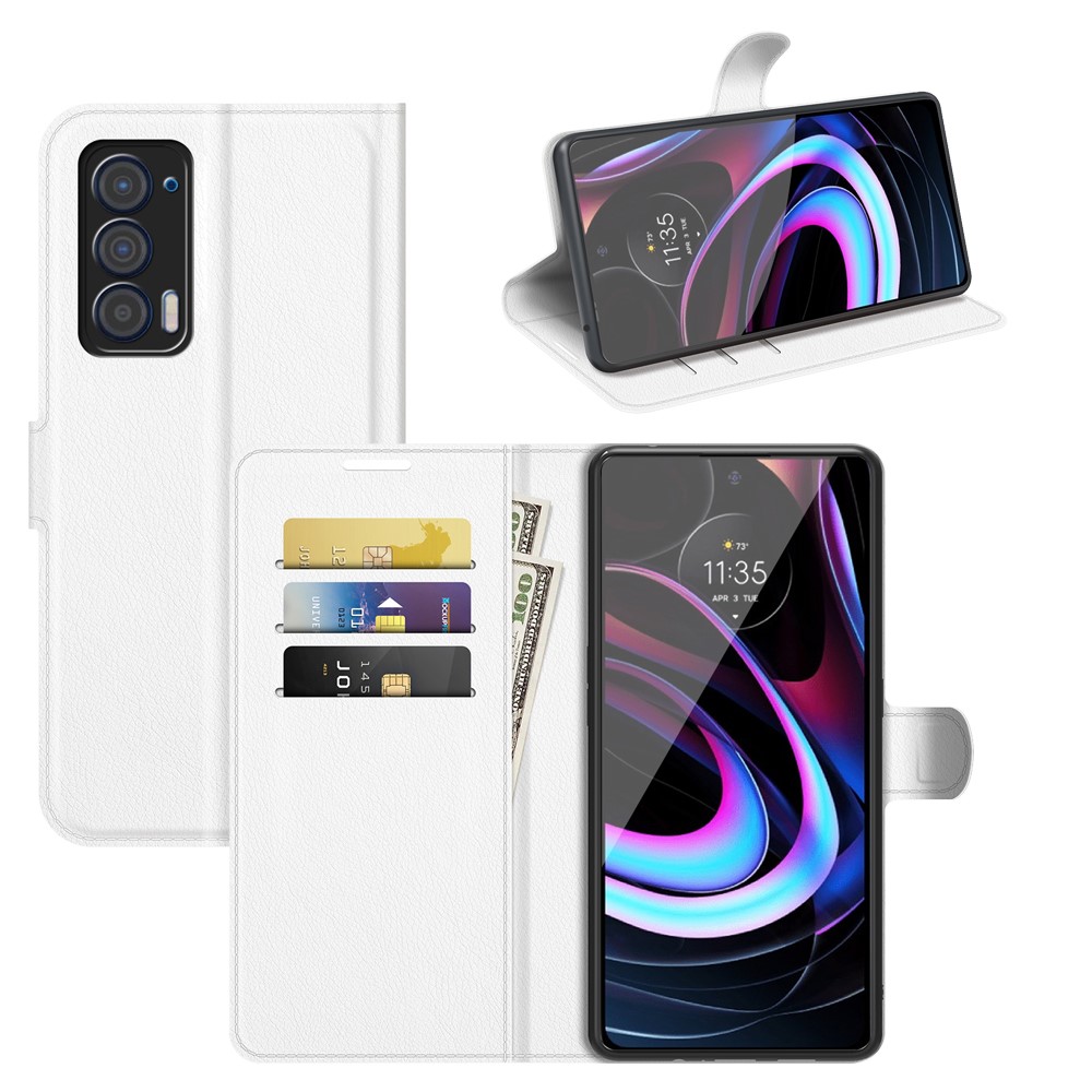 For Motorola Edge (2021) Litchi Skin Phone Case Wallet Stand Design Flip Leather Wallet Phone Cover Shell - White-8