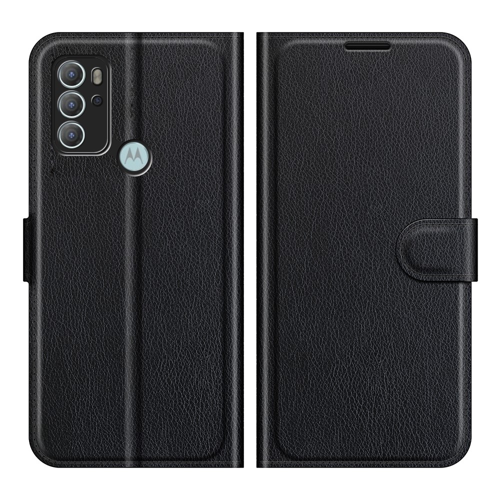 Litchi Texture Folio Flip Leather Case Wallet Stand Phone Cover for Motorola Moto G60S - Black-1