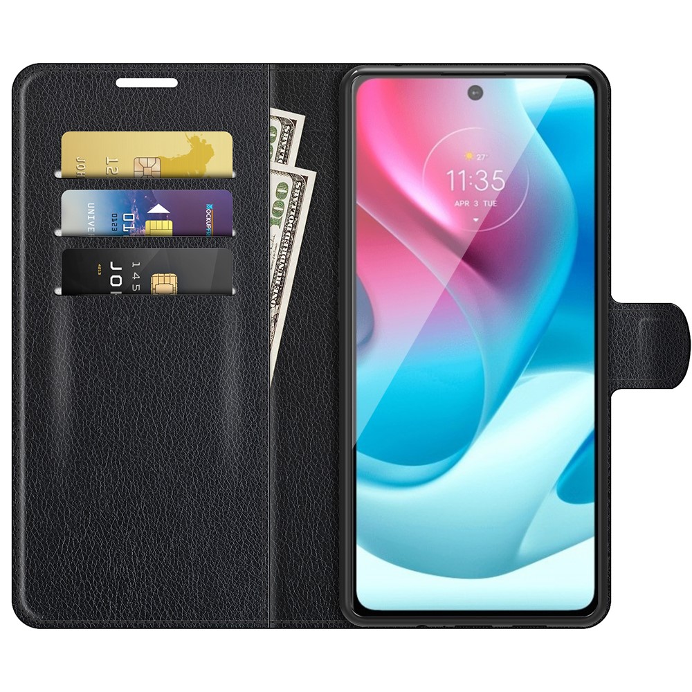 Litchi Texture Folio Flip Leather Case Wallet Stand Phone Cover for Motorola Moto G60S - Black-4