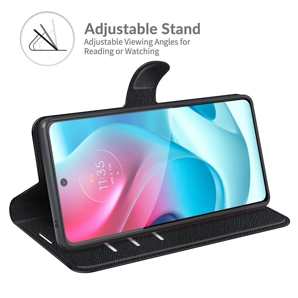 Litchi Texture Folio Flip Leather Case Wallet Stand Phone Cover for Motorola Moto G60S - Black-5