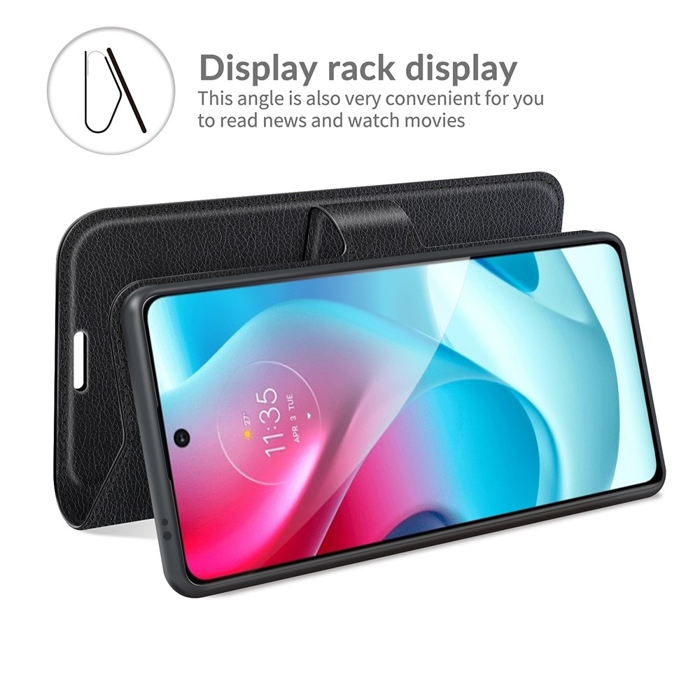 Litchi Texture Folio Flip Leather Case Wallet Stand Phone Cover for Motorola Moto G60S - Black-6