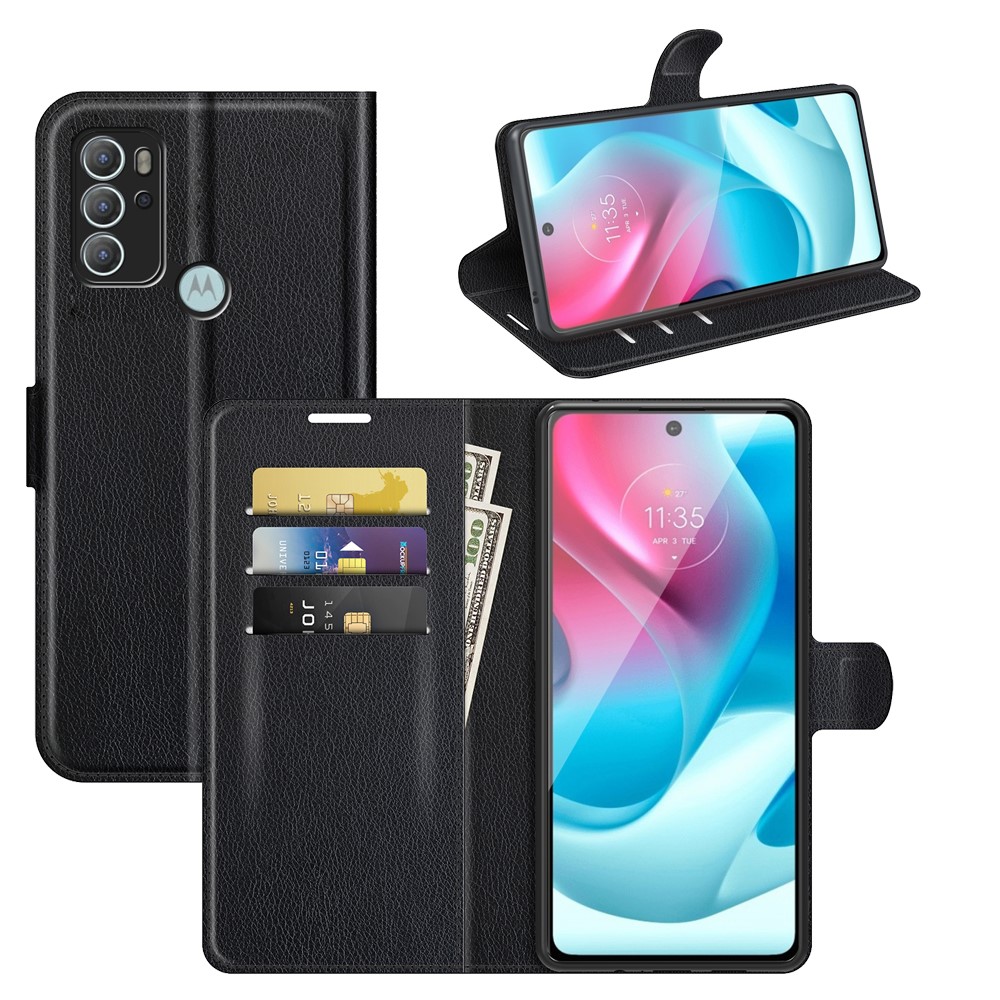 Litchi Texture Folio Flip Leather Case Wallet Stand Phone Cover for Motorola Moto G60S - Black-8