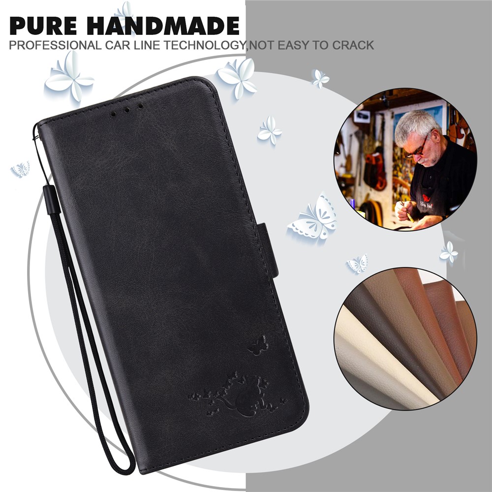 Cat and Butterfly Imprinted Skin-feel Leather Phone Cover Shell with Wallet Stand Design for Motorola Moto G60 - Black-2