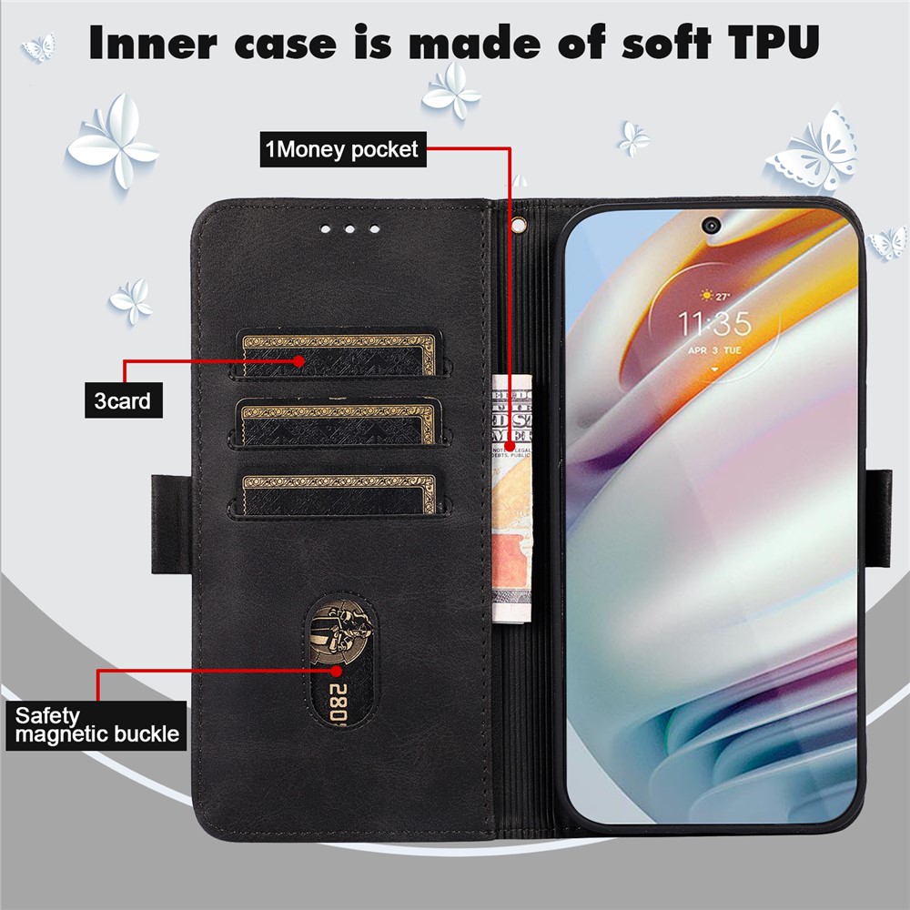 Cat and Butterfly Imprinted Skin-feel Leather Phone Cover Shell with Wallet Stand Design for Motorola Moto G60 - Black-3