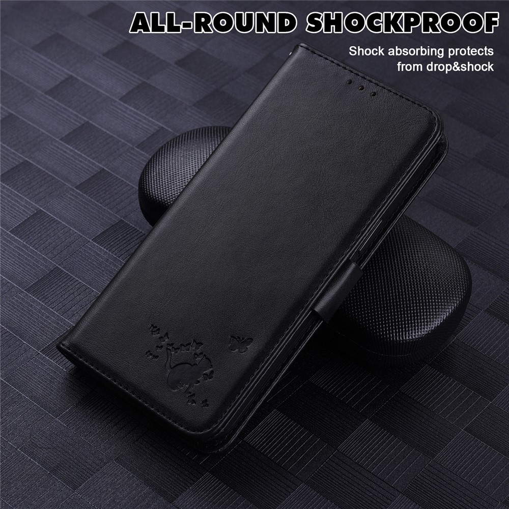 Cat and Butterfly Imprinted Skin-feel Leather Phone Cover Shell with Wallet Stand Design for Motorola Moto G60 - Black-5