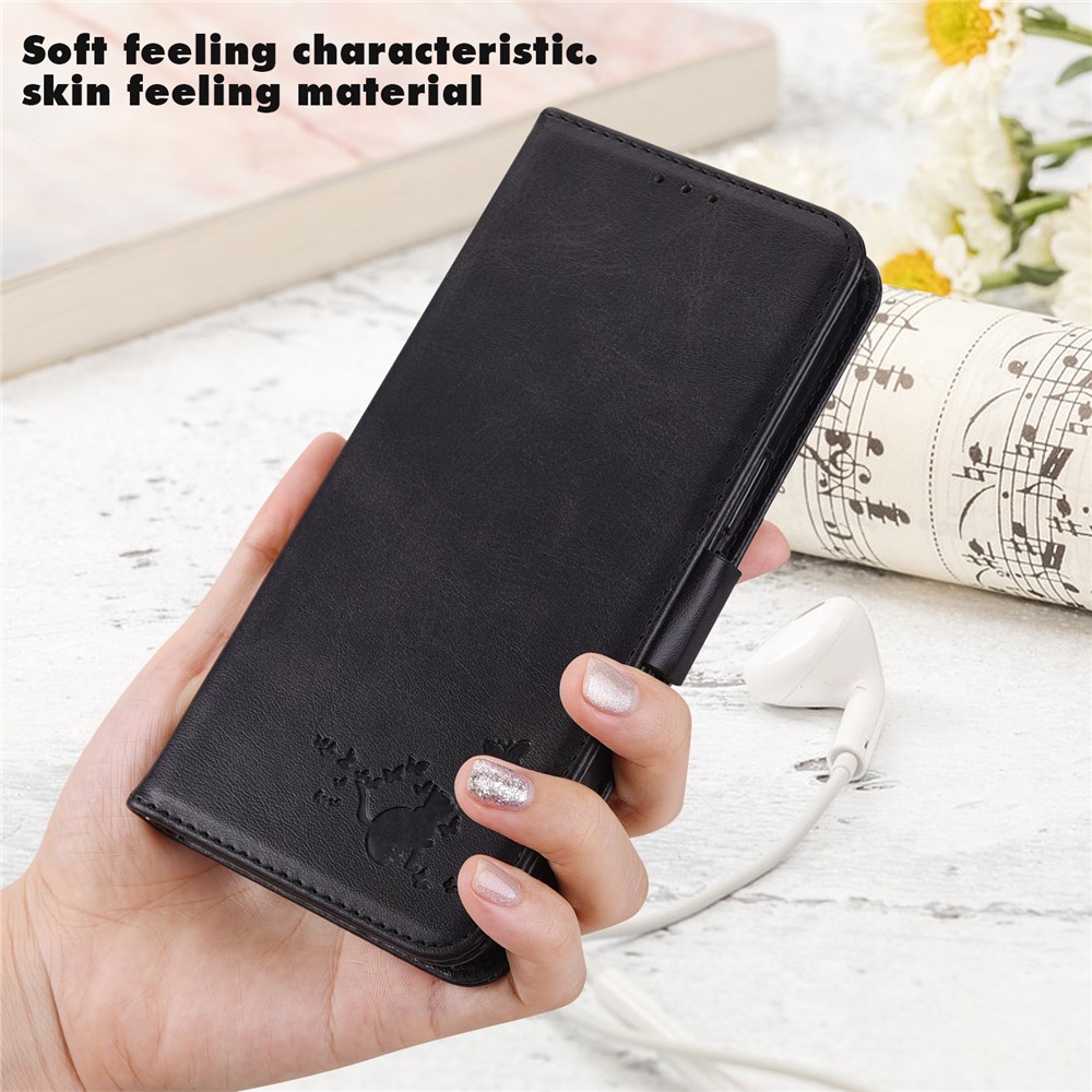 Cat and Butterfly Imprinted Skin-feel Leather Phone Cover Shell with Wallet Stand Design for Motorola Moto G60 - Black-6