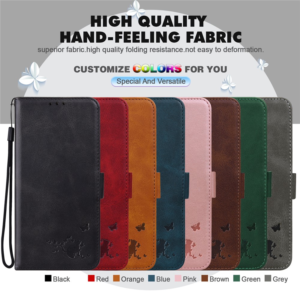 Cat and Butterfly Imprinted Skin-feel Leather Phone Cover Shell with Wallet Stand Design for Motorola Moto G60 - Black-7