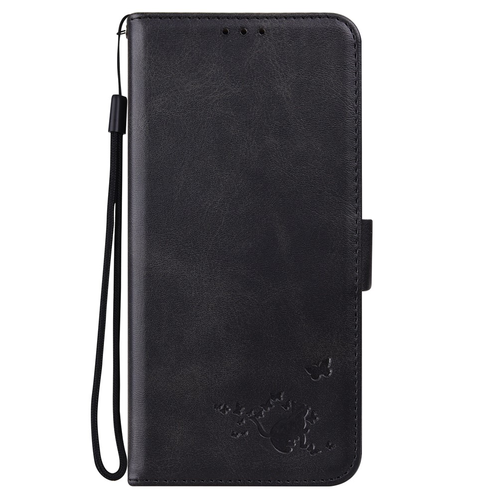 Cat and Butterfly Imprinted Skin-feel Leather Phone Cover Shell with Wallet Stand Design for Motorola Moto G60 - Black-9