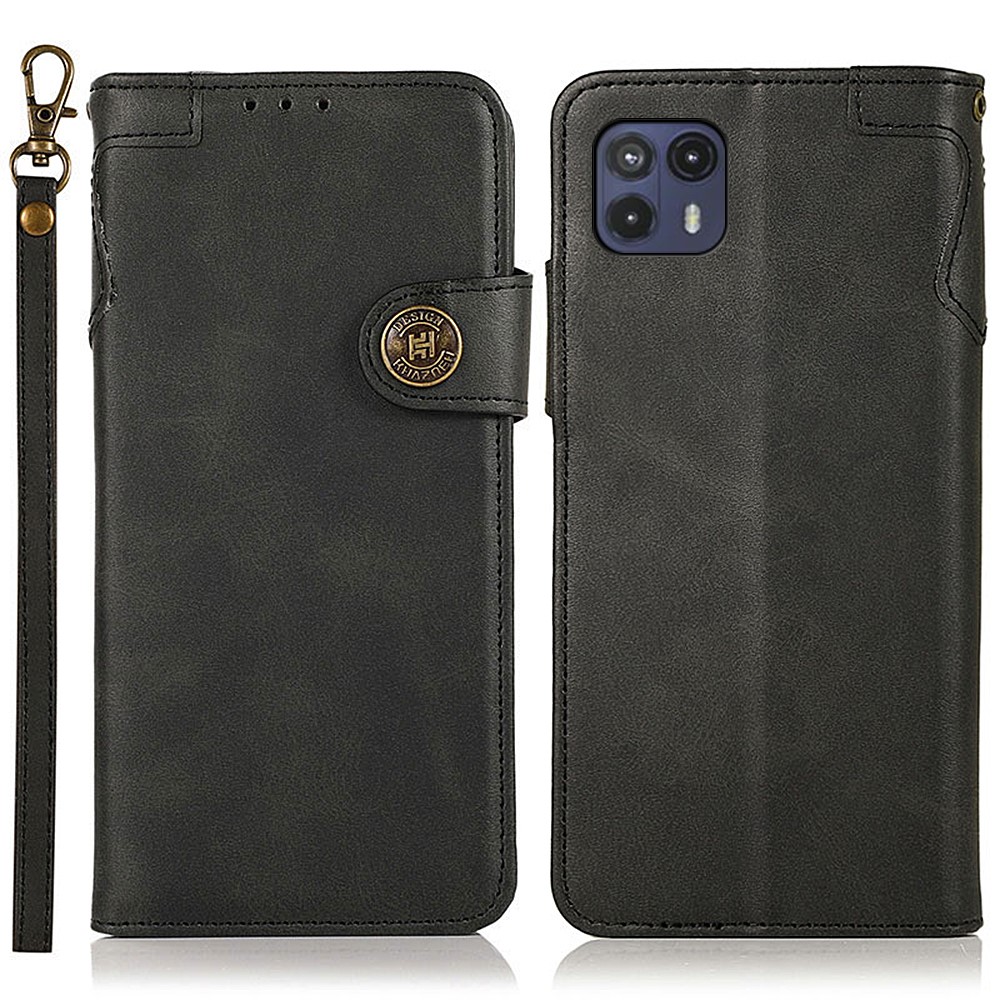 KHAZNEH PU Leather Wallet Stand Full Protection Phone Case Cover with Wrist Strap for Motorola Moto G50 5G - Black-1