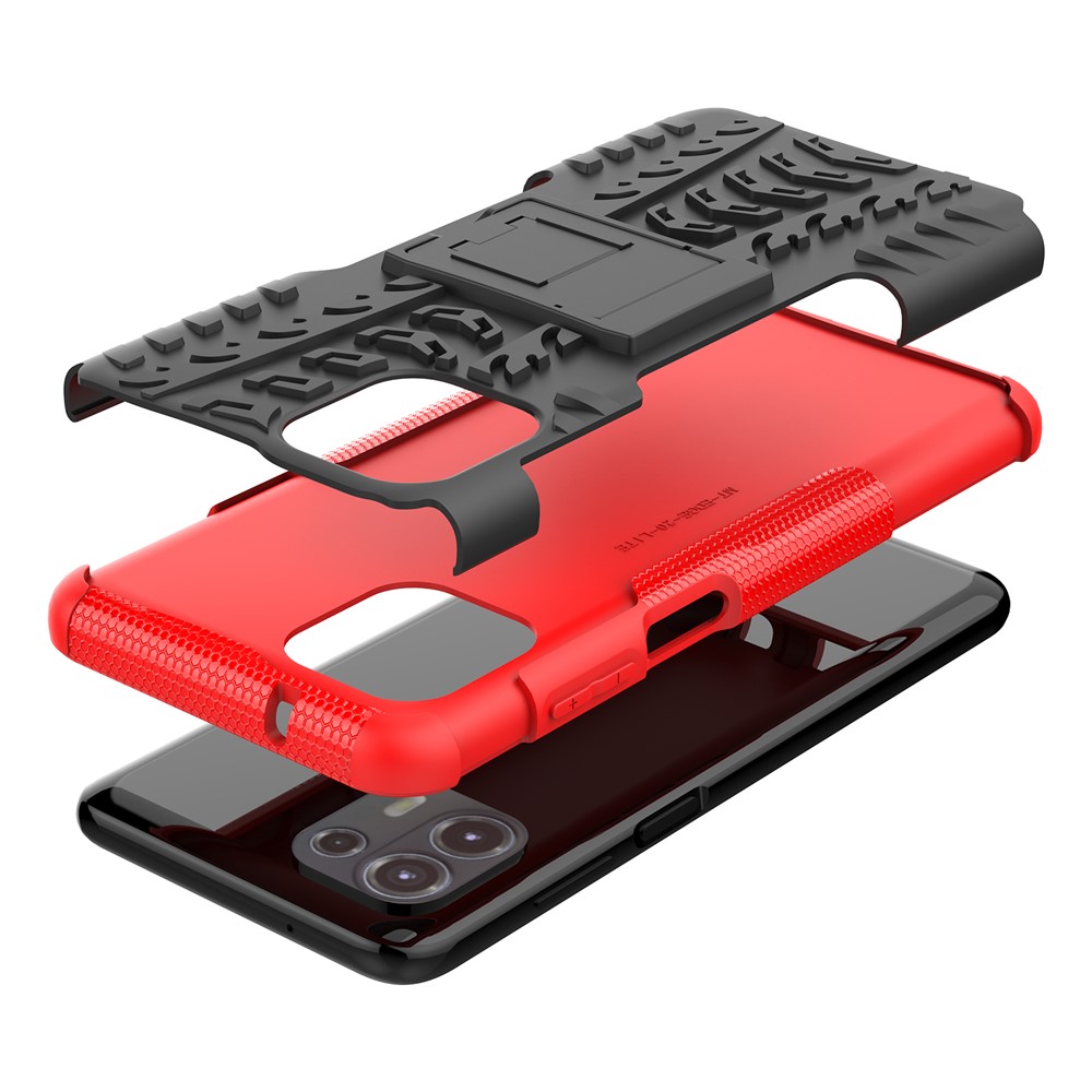 Tire Texture Dual Layer Flexible TPU + Hard PC Anti-Slip Protective Phone Case with Kickstand for Motorola Edge 20 Lite - Red-10