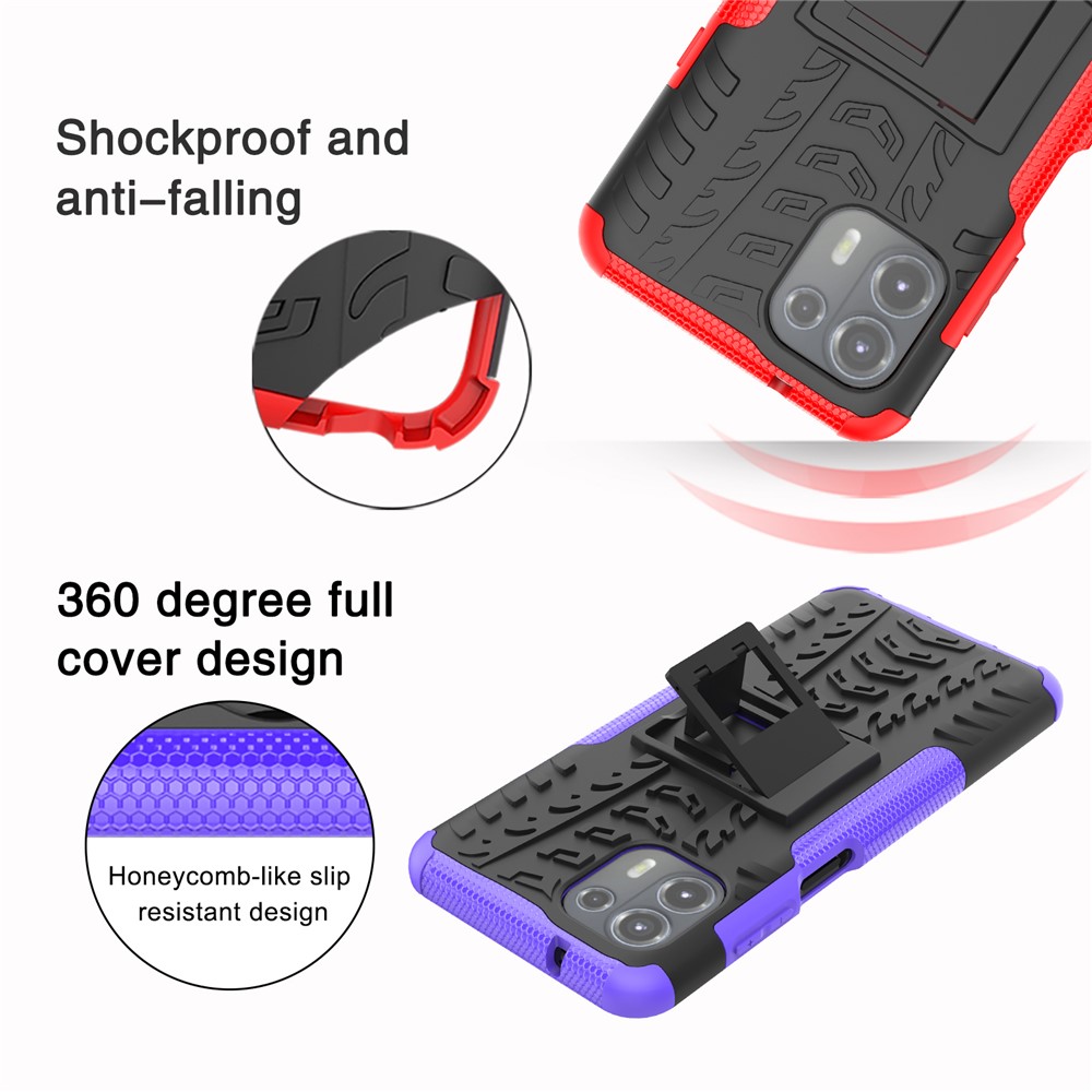 Tire Texture Dual Layer Flexible TPU + Hard PC Anti-Slip Protective Phone Case with Kickstand for Motorola Edge 20 Lite - Red-6
