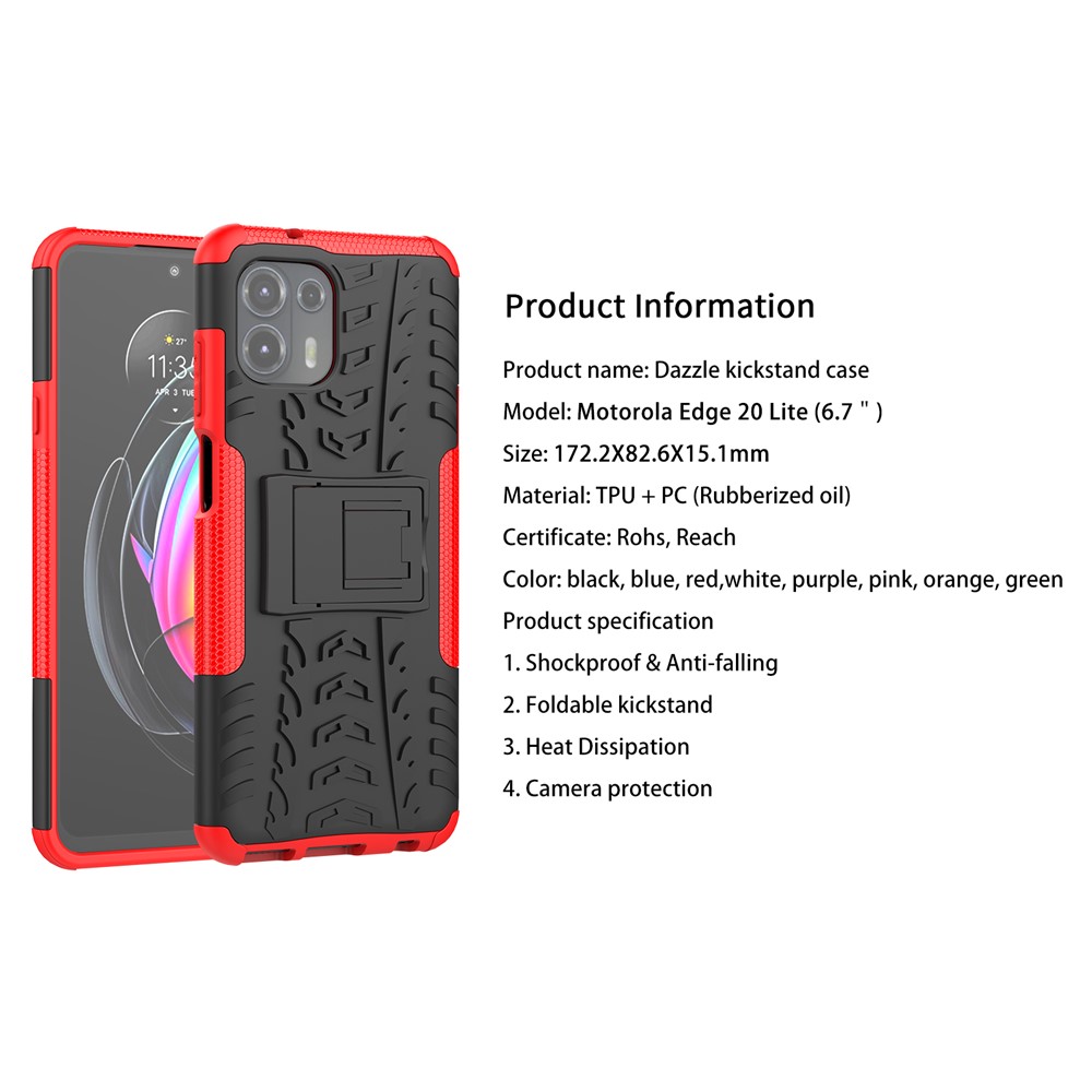 Tire Texture Dual Layer Flexible TPU + Hard PC Anti-Slip Protective Phone Case with Kickstand for Motorola Edge 20 Lite - Red-8