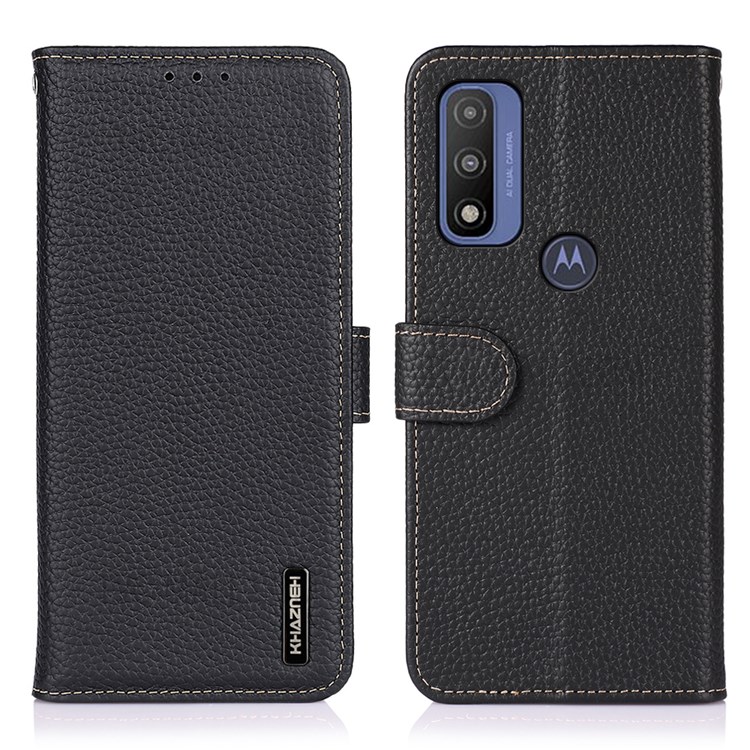 KHAZNEH Litchi Texture Top Layer Genuine Leather Well-Protected Phone Case Stand Wallet Cover for Motorola G Pure - Black-1